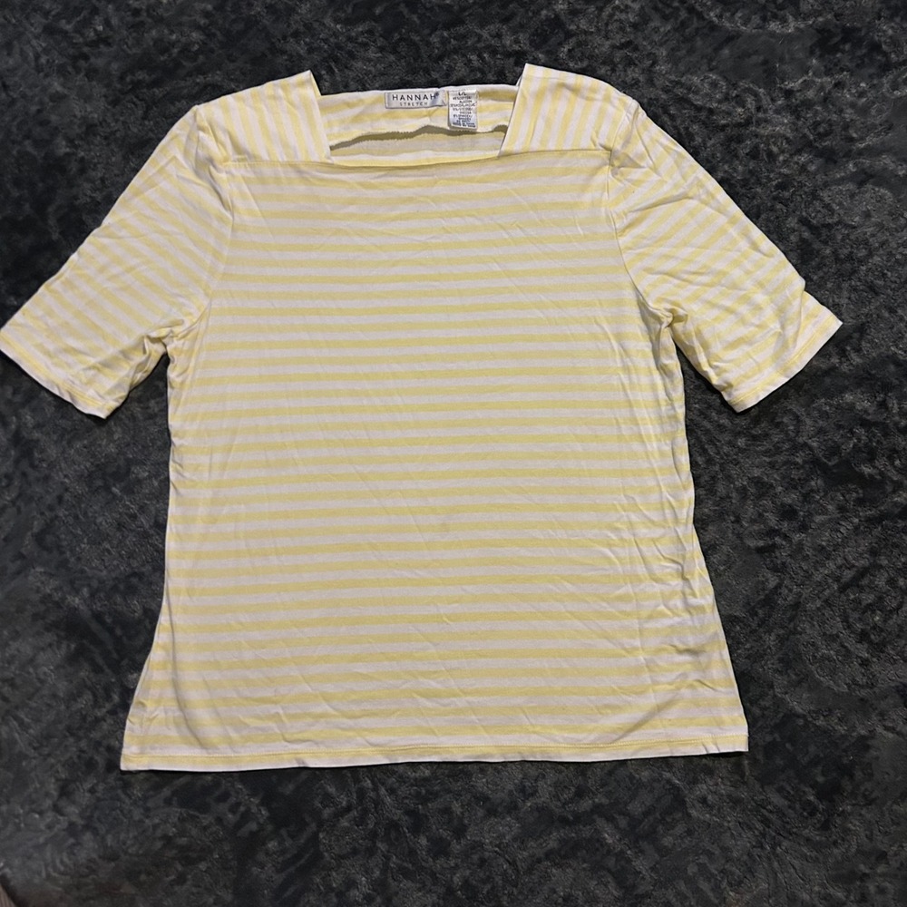 Yellow Stripe Square Neck Cotton Blend Stretch Tee Half Sleeve Sz L Old Money